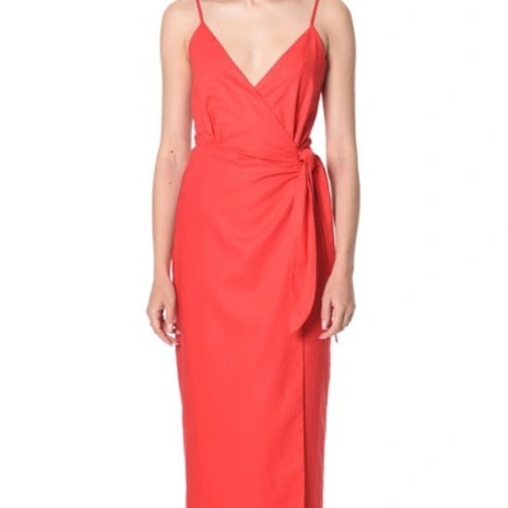 Wayf Coral Wrap Midi Dress in Bright Coral